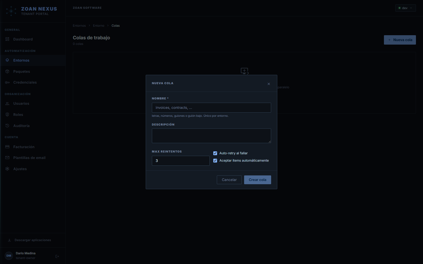 modal de nueva cola con nombre, max reintentos, auto-retry y aceptar automáticamente.